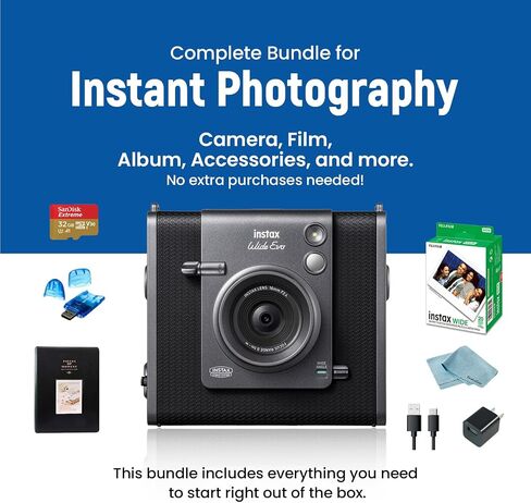 مجموعة كاميرا Fujifilm Instax Wide Evo Hybrid للأفلام الفورية + فيلم Fujifilm Wide Film (20 ورقة)، بطاقة SanDisk microSD سعة 32 جيجابايت، قارئ بطاقات، ألبوم وإطارات، كابل USB-C، قابس حائط وقماش BluebirdSales in Saudi Arabia