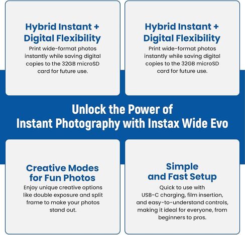 مجموعة كاميرا Fujifilm Instax Wide Evo Hybrid للأفلام الفورية + فيلم Fujifilm Wide Film (20 ورقة)، بطاقة SanDisk microSD سعة 32 جيجابايت، قارئ بطاقات، ألبوم وإطارات، كابل USB-C، قابس حائط وقماش BluebirdSales in Saudi Arabia