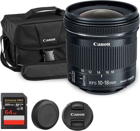 Canon EF-S 10-18mm f/4.5-5.6 is STM Lens | Ultra-Wide Angle Zoom with Image Stabilization & Quiet Autofocus | Great for Travel & Landscape Photography (9519B002) + Shoulder Bag + 64GB Card in Saudi Arabia