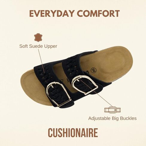 صنادل نسائية من جلد الغزال الأصلي سهلة الارتداء من CUSHIONAIRE - تصميم بحزام مزدوج مع صنادل بإبزيم كبير قابل للتعديل للنساء in Kuwait