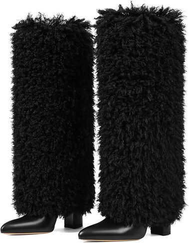 Uacllcau Women Fur Knee High Boots Wide Calf Fold Over Tall Long Boots in Saudi Arabia