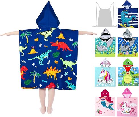 Hooded Kids Beach Towels - Toddler Bath Towel Girls Boys Swim Cover-ups for Ages 4 to 10 Kids Pool Towels Quick Dry Lightweight Soft Microfiber Poncho 30x30 with Bag (Dinosaur Blue) in Saudi Arabia