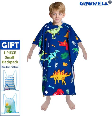Hooded Kids Beach Towels - Toddler Bath Towel Girls Boys Swim Cover-ups for Ages 4 to 10 Kids Pool Towels Quick Dry Lightweight Soft Microfiber Poncho 30x30 with Bag (Dinosaur Blue) in Saudi Arabia