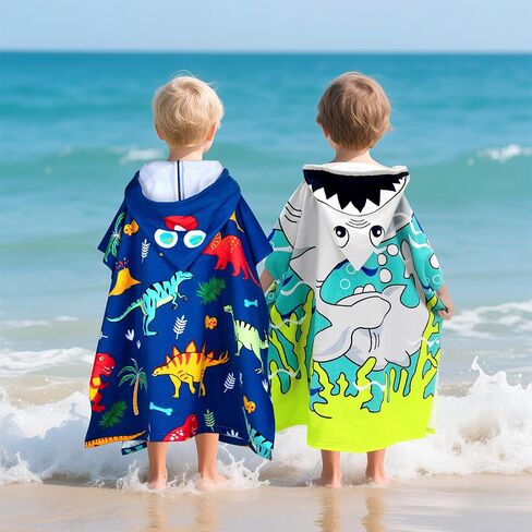 Hooded Kids Beach Towels - Toddler Bath Towel Girls Boys Swim Cover-ups for Ages 4 to 10 Kids Pool Towels Quick Dry Lightweight Soft Microfiber Poncho 30x30 with Bag (Dinosaur Blue) in Saudi Arabia