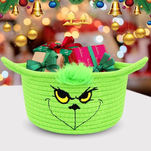 Christmas Rope Basket - Green Monster Cotton Rope Storage Basket with Handle, Cute Toy Storage Basket for Shelves, Nursery, Living Room, Christmas Gifts & Decor Baby Shower Basket in Saudi Arabia