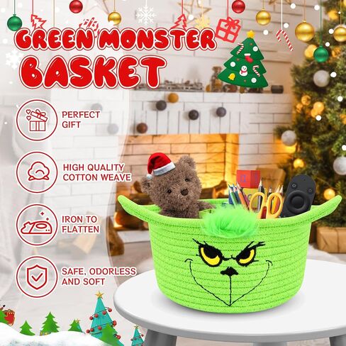 Christmas Rope Basket - Green Monster Cotton Rope Storage Basket with Handle, Cute Toy Storage Basket for Shelves, Nursery, Living Room, Christmas Gifts & Decor Baby Shower Basket in Saudi Arabia