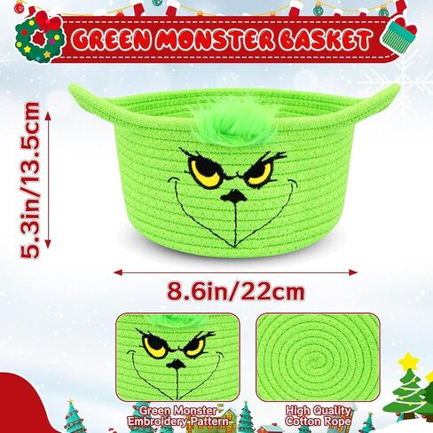Christmas Rope Basket - Green Monster Cotton Rope Storage Basket with Handle, Cute Toy Storage Basket for Shelves, Nursery, Living Room, Christmas Gifts & Decor Baby Shower Basket in Saudi Arabia