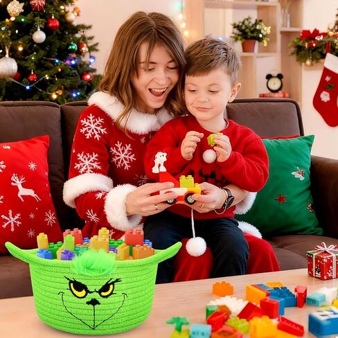 Christmas Rope Basket - Green Monster Cotton Rope Storage Basket with Handle, Cute Toy Storage Basket for Shelves, Nursery, Living Room, Christmas Gifts & Decor Baby Shower Basket in Saudi Arabia