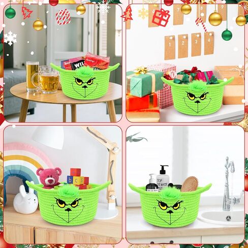 Christmas Rope Basket - Green Monster Cotton Rope Storage Basket with Handle, Cute Toy Storage Basket for Shelves, Nursery, Living Room, Christmas Gifts & Decor Baby Shower Basket in Saudi Arabia