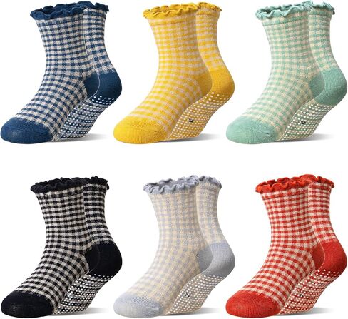 Eocom Toddler Ruffle Socks Baby Girls Non Slip Frilly Dress Cotton Grips Socks 6 Pairs in Saudi Arabia
