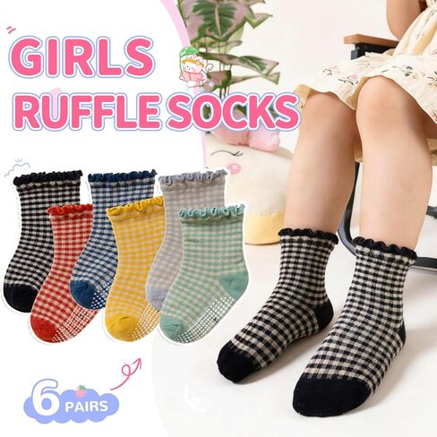 Eocom Toddler Ruffle Socks Baby Girls Non Slip Frilly Dress Cotton Grips Socks 6 Pairs in Saudi Arabia