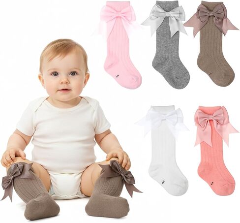 5 Pairs Long Preemie Socks Premature Newborn Bow Sock, Unisex Warm Solid Color Baby Knee High Cotton Socks for Girls Boys Infant Toddler in Saudi Arabia