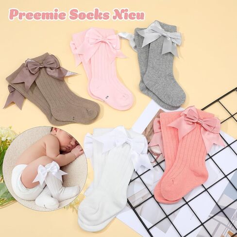 5 Pairs Long Preemie Socks Premature Newborn Bow Sock, Unisex Warm Solid Color Baby Knee High Cotton Socks for Girls Boys Infant Toddler in Saudi Arabia