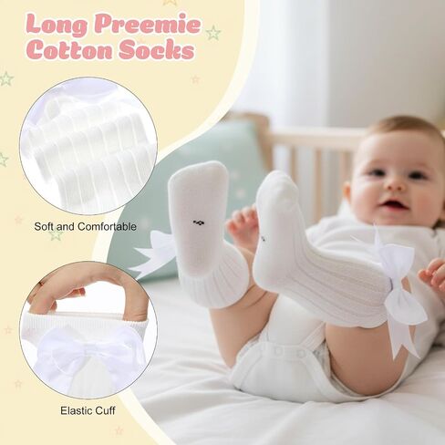 5 Pairs Long Preemie Socks Premature Newborn Bow Sock, Unisex Warm Solid Color Baby Knee High Cotton Socks for Girls Boys Infant Toddler in Saudi Arabia