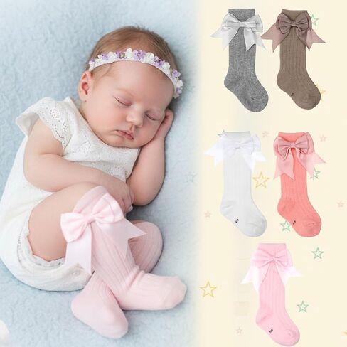 5 Pairs Long Preemie Socks Premature Newborn Bow Sock, Unisex Warm Solid Color Baby Knee High Cotton Socks for Girls Boys Infant Toddler in Saudi Arabia