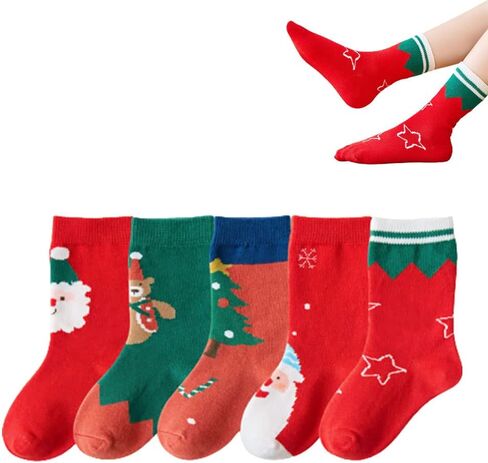 Kids Christmas Socks 5 Pairs Toddler Crew Christmas Xmas Socks for Baby Holiday Winter Warm for Boys/Girls in Kuwait