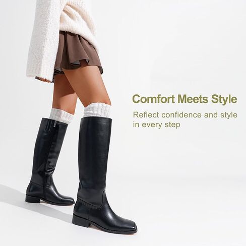 Vepose Women's Tall Knee High Square Toe Riding Boots, Low Block Heel | Minimal Dressy tall boots with a clean shaft, full side zipper for office, fall, daily city outfits in Kuwait