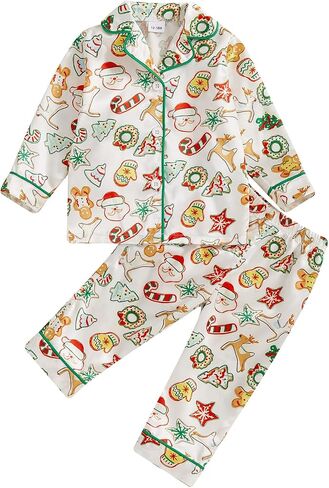 Kuriozud Kids Toddler Christmas Pajamas Set Little Girl Boy Xmas Long Sleeve Lapel Tops+Long Pants Sleepwear Nightwear in Saudi Arabia