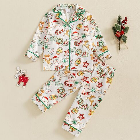 Kuriozud Kids Toddler Christmas Pajamas Set Little Girl Boy Xmas Long Sleeve Lapel Tops+Long Pants Sleepwear Nightwear in Saudi Arabia
