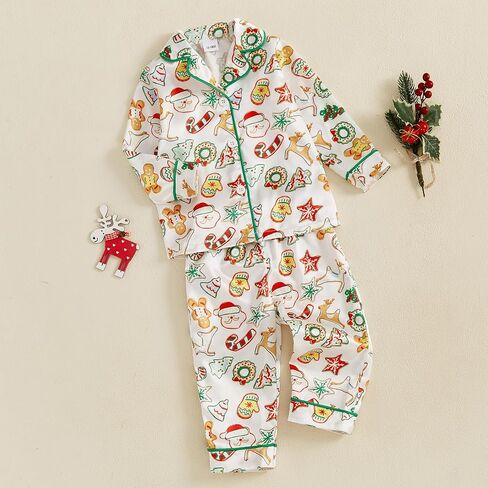 Kuriozud Kids Toddler Christmas Pajamas Set Little Girl Boy Xmas Long Sleeve Lapel Tops+Long Pants Sleepwear Nightwear in Saudi Arabia
