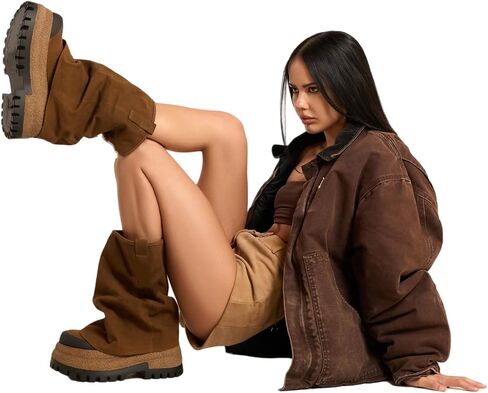 Women's Canvas Camouflage Boots Slouchy Foldover Platform Round Toe Western Pull-On Fashion Boots in Saudi Arabia