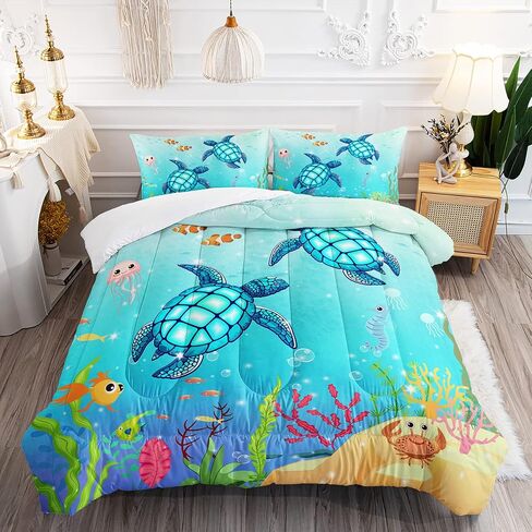 Turtle Comforter Set Twin Ocean Watercolor Sea Turtle Bedding Set Nautical Sea Animal Reptile Bed Set with 2 Pillowcases for Kids Room Decor in Saudi Arabia