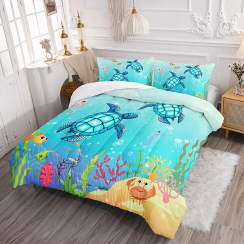 Turtle Comforter Set Twin Ocean Watercolor Sea Turtle Bedding Set Nautical Sea Animal Reptile Bed Set with 2 Pillowcases for Kids Room Decor in Saudi Arabia