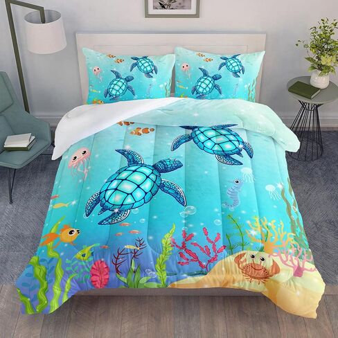 Turtle Comforter Set Twin Ocean Watercolor Sea Turtle Bedding Set Nautical Sea Animal Reptile Bed Set with 2 Pillowcases for Kids Room Decor in Saudi Arabia