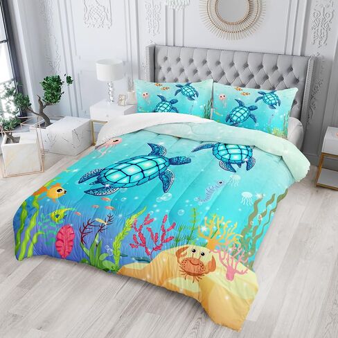 Turtle Comforter Set Twin Ocean Watercolor Sea Turtle Bedding Set Nautical Sea Animal Reptile Bed Set with 2 Pillowcases for Kids Room Decor in Saudi Arabia