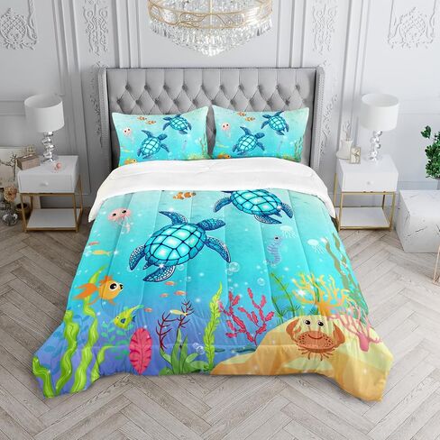 Turtle Comforter Set Twin Ocean Watercolor Sea Turtle Bedding Set Nautical Sea Animal Reptile Bed Set with 2 Pillowcases for Kids Room Decor in Saudi Arabia