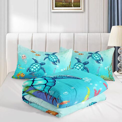 Turtle Comforter Set Twin Ocean Watercolor Sea Turtle Bedding Set Nautical Sea Animal Reptile Bed Set with 2 Pillowcases for Kids Room Decor in Saudi Arabia