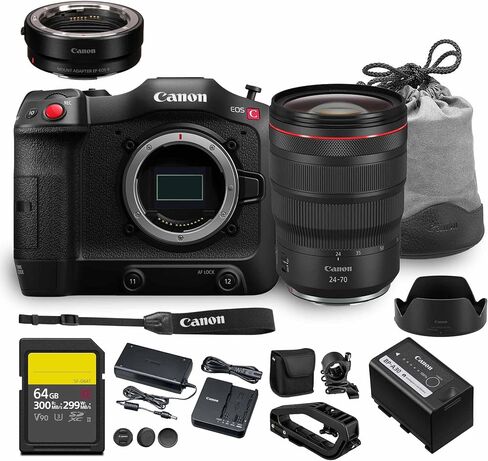 Canon EOS C70 Cinema Camera Kit | 4K Super 35mm Sensor with RF 24-70mm f/2.8 Lens | Professional Video Production Compact Cinema (4507C017) Adapter EF-EOS R + 64GB Card in Saudi Arabia