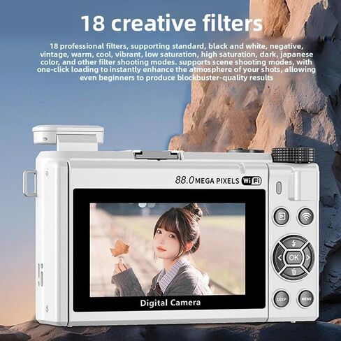 كاميرا رقمية PUSOKEI 8K للتصوير الفوتوغرافي، كاميرا تسجيل فيديو بدقة 88 ميجابكسل مع شاشة قلاب 3 بوصات 180 درجة، تكبير 18X، تركيز تلقائي، عدسة زاوية واسعة، كاميرات واي فاي بدون مرآة مع بطاقة 32 جيجابايت، بطاريتان (أسود) in Saudi Arabia