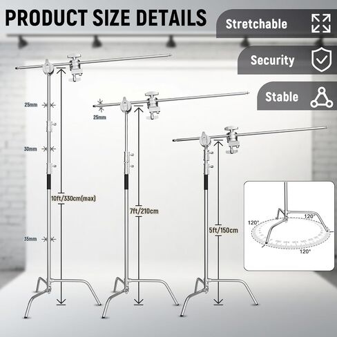 C Stand, 10.8ft/330cm Stainless Steel Heavy Duty Light Stand | Photography Light Stand with Sandbag, Folding Legs, 45 lbs Load Capacity for Studio Softbox, Reflector, Monolight in Saudi Arabia