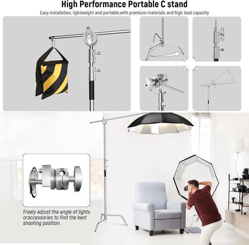 C Stand, 10.8ft/330cm Stainless Steel Heavy Duty Light Stand | Photography Light Stand with Sandbag, Folding Legs, 45 lbs Load Capacity for Studio Softbox, Reflector, Monolight in Saudi Arabia