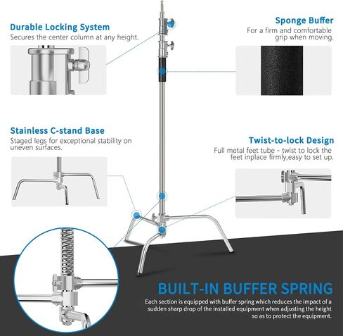 C Stand, 10.8ft/330cm Stainless Steel Heavy Duty Light Stand | Photography Light Stand with Sandbag, Folding Legs, 45 lbs Load Capacity for Studio Softbox, Reflector, Monolight in Saudi Arabia