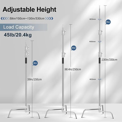 C Stand, 10.8ft/330cm Stainless Steel Heavy Duty Light Stand | Photography Light Stand with Sandbag, Folding Legs, 45 lbs Load Capacity for Studio Softbox, Reflector, Monolight in Saudi Arabia