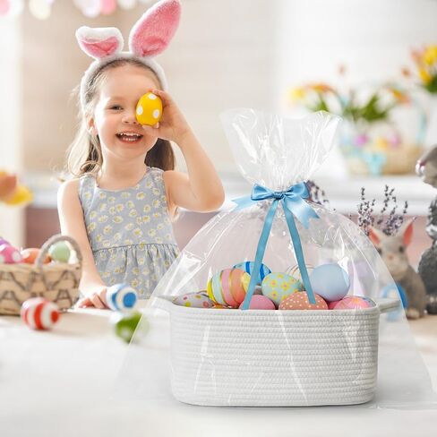 Cute White Woven Basket, Empty Gift Basket for Christmas, Thanksgiving, Easter, Birthday, Cotton Rope Storage Bin with Handle for Gifts, Toy, Blanket, Cat Dog Toy Box, Baby Nursery Organizer in Saudi Arabia