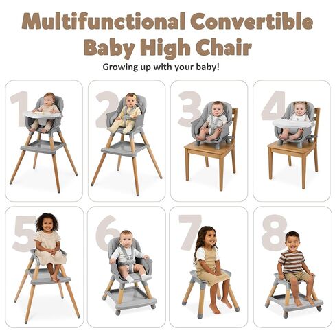 8 in 1 Wooden High Chairs for Babies Toddlers, Convertible to Booster Seat, Baby Feeding Highchair w/ 5-Point Safety Harness, Removable Tray & Cushion, Green in Kuwait
