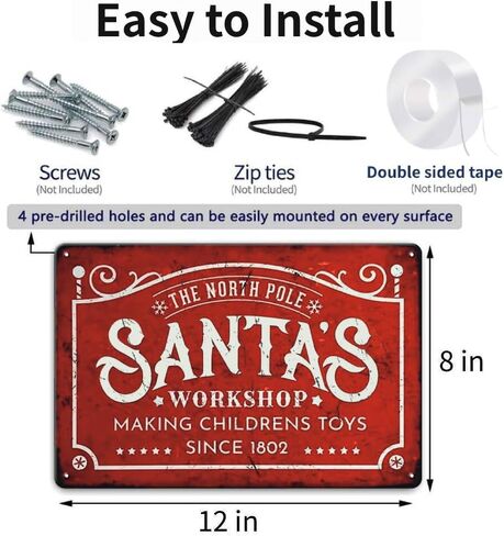 علامة ديكورات ورشة عمل سانتا - علامة معدنية عتيقة، فن ديكور جدار عيد الميلاد للمنزل، المطبخ، داخلي، جدار بار المنزل، هدايا للنساء، 12 × 8 بوصة in Kuwait