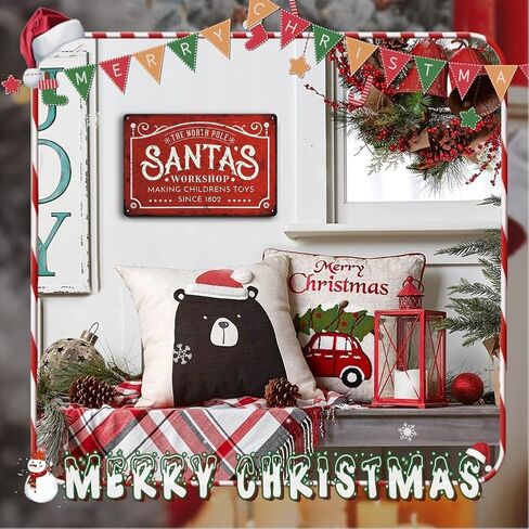 علامة ديكورات ورشة عمل سانتا - علامة معدنية عتيقة، فن ديكور جدار عيد الميلاد للمنزل، المطبخ، داخلي، جدار بار المنزل، هدايا للنساء، 12 × 8 بوصة in Kuwait