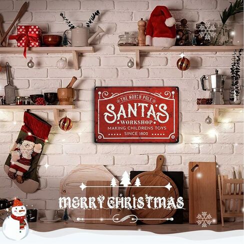 علامة ديكورات ورشة عمل سانتا - علامة معدنية عتيقة، فن ديكور جدار عيد الميلاد للمنزل، المطبخ، داخلي، جدار بار المنزل، هدايا للنساء، 12 × 8 بوصة in Kuwait