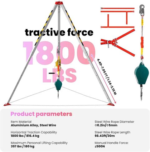 Confined Space Tripod Kit, 1800 lbs Winch, Confined Space Tripod with 7' Legs Bracket and 98' Cable, Confined Space Rescue Tripod for Fall Protection and Rescue Operations, Includes Storage Bag in Saudi Arabia
