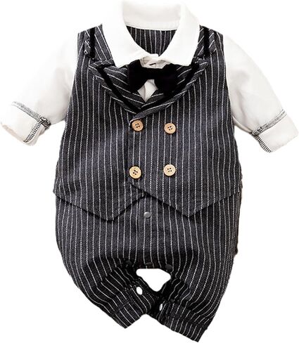 HUAANIUE Baby Boys Tuxedo Romper Clothes One Piece Suit Outfit 0-24Months | Soft breathable fabric, tuxedo style with bow tie, snap closure for easy diaper changes, multi-scene use, all-season wear in Saudi Arabia