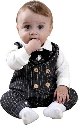 HUAANIUE Baby Boys Tuxedo Romper Clothes One Piece Suit Outfit 0-24Months | Soft breathable fabric, tuxedo style with bow tie, snap closure for easy diaper changes, multi-scene use, all-season wear in Saudi Arabia