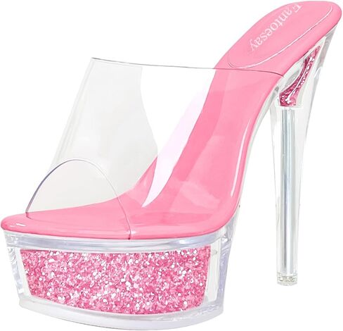 صنادل Fantoesay النسائية ذات الكعب العالي اللامعة ذات المنصة اللامعة - شفافة لامعة 5 بوصات + كعب مثير سهل الارتداء in Kuwait
