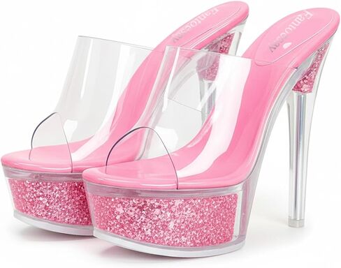 صنادل Fantoesay النسائية ذات الكعب العالي اللامعة ذات المنصة اللامعة - شفافة لامعة 5 بوصات + كعب مثير سهل الارتداء in Kuwait