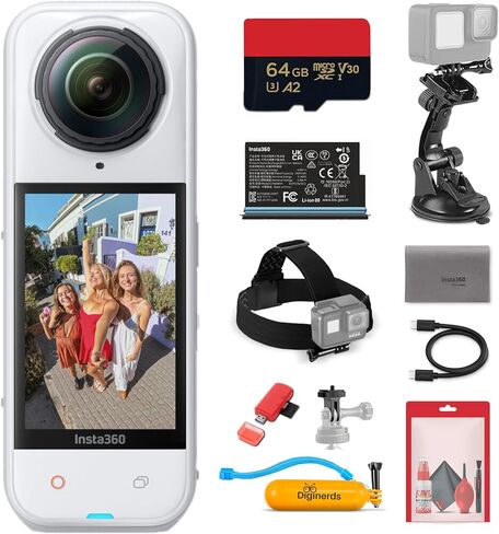 Insta360 X5 8K 360 Waterproof Action Camera (White) | 1/1.28" Sensors, PureVideo AI, Stabilization, 185-Min Battery Life, Rugged Build (CINSAAHA_X532) + 50-in-1 Accessory Kit + 64GB Card + More in Saudi Arabia