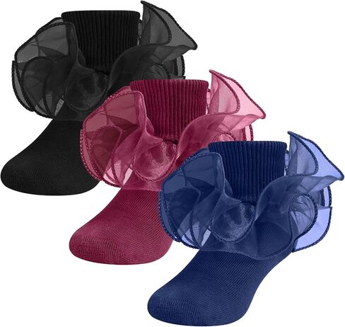 SAOROPEB Toddler Ruffle Socks, 3 Styles，5 Size, Frilly Dress Socks for Girls Princess Lace Ruffles Socks Set in Kuwait
