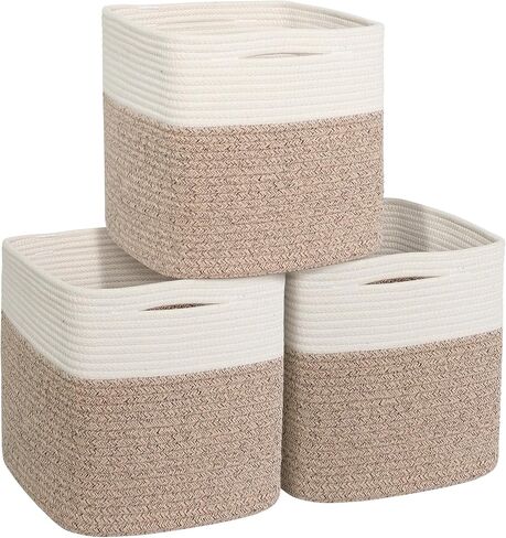 صندوق تخزين مكعب مقاس 11 × 11 - 3 عبوات منظم مكعبات تخزين منسوجة، سلال من الحبال القطنية مقاس 11 بوصة للتنظيم، سلال مربعة للأرفف، صناديق خزانة حضانة الأطفال، منظم صندوق ألعاب المكعب in Kuwait